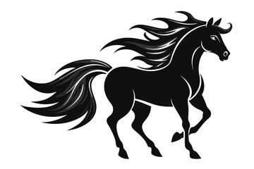 Black silhouette of a running horse with a flowing mane and tail in a vector illustration style.