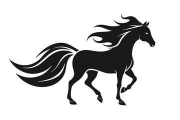Black silhouette of a running horse with a flowing mane and tail in a vector illustration style.