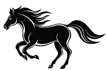 Black silhouette of a running horse with a flowing mane and tail in a vector illustration style.