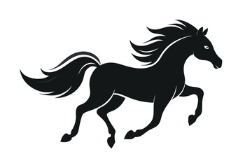Black silhouette of a running horse with a flowing mane and tail in a vector illustration style.