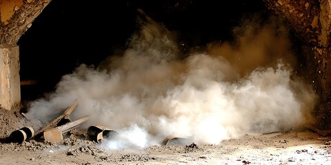 Smoke and Dust Rising from Ground in Abandoned Industrial Setting