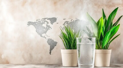 Indoor Plants and Water Glass with World Map Background