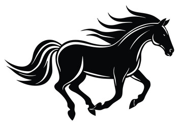 Black silhouette of a running horse with a flowing mane and tail in a vector illustration style.