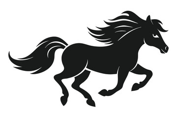 Black silhouette of a running horse with a flowing mane and tail in a vector illustration style.