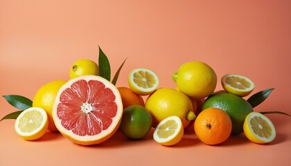 Fresh citrus fruits assortment on orange background