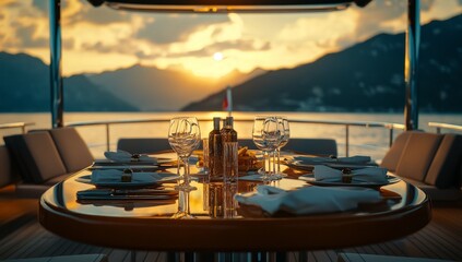 Fototapeta premium Luxury yacht dining experience at sunset. Elegant table setting on a deck overlooking a scenic lake or ocean, with a breathtaking golden hour view of mountains