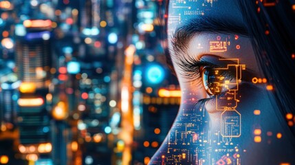 A futuristic cityscape blending with a person's eye, overlaid with circuit patterns