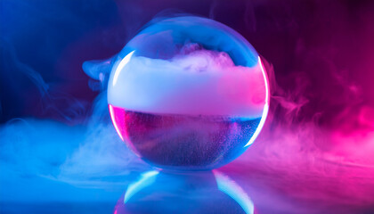 Surreal scene of glass orb filled with clouds. Swirling mist and smoke. Mystical atmosphere.