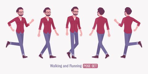 Modern businessman running pose set. Business casual outfit man in glasses, handsome male model, slim stylish jeans, comfortable office shirt for everyday wear. Vector flat style cartoon illustration