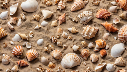 A Charming Display of Seashells on Beach Sand, Evoking Summer Memories