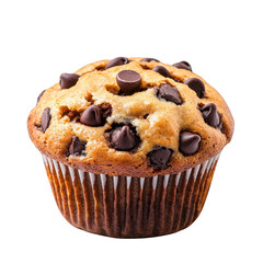 Delicious chocolate chip muffin with melting chocolate pieces on top, fresh and inviting, perfect for breakfast or snack time, isolated on a white background.