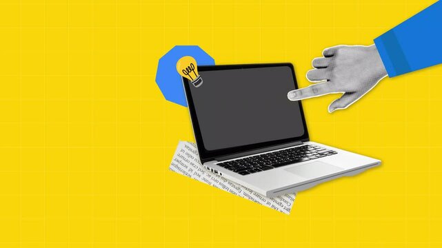 Hand and Laptop Collage Halftone on yellow background