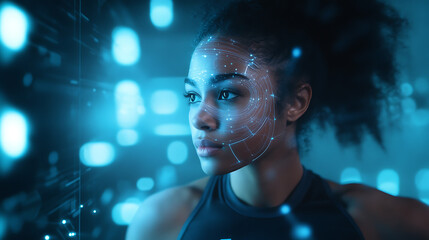 An AI powered personalized fitness training system, wearable tech tracking body movement and optimizing workout plans in real-time, Fitness tech style