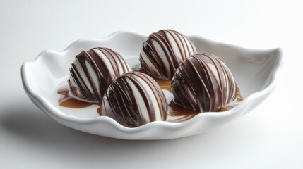 Delicious dessert of chocolate-covered ice cream balls drizzled with caramel sauce on a white dish