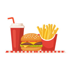 Fast food meal featuring a burger, fries, and a soft drink on a checkered tablecloth, all isolated on a white background.