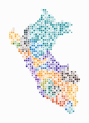 Fototapeta premium Peru, shape of the country built of colored cells. Digital style map of Peru on white background. Small size square blocks. Trending vector illustration.