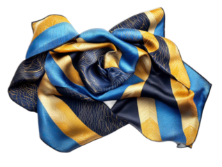 Silk designer scarf with geometric pattern in blue and gold tones, casually draped in S-curve on white background