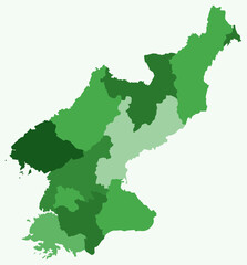 Map of Dem. Rep. Korea with regions. Just a simple country border map with region division. Green color palette. Blank Democratic People's Republic of Korea shape with administrative division.