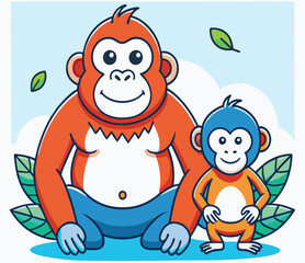 Naklejka premium Cartoon Orangutan And Monkey Illustration With Leaves And Cloud Background