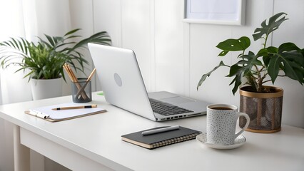 Fototapeta premium A clean white desk with a laptop, plants, a notebook, a pen, and a cup of coffee in a bright room
