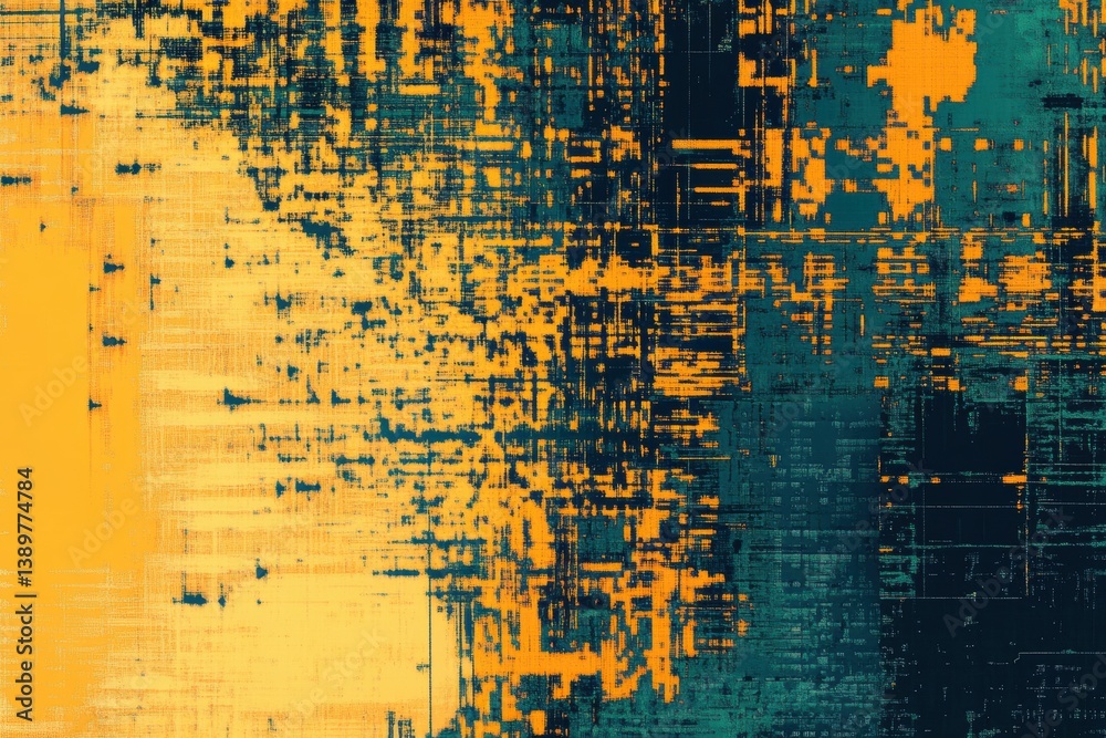Poster Digital abstract pixelated pattern creating a modern cybernetic theme with high-contrast colors and structured gaps in the design