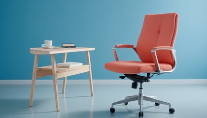 Fototapeta premium Workspace Harmony: A sleek, modern office setup, featuring a vibrant chair and a minimalist side table. Evoking a sense of focus, productivity, and design-conscious living.