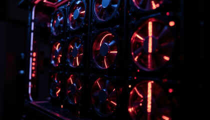 High tech cryptocurrency mining rig with illuminated cooling fans, showcasing advanced technology and futuristic aesthetic