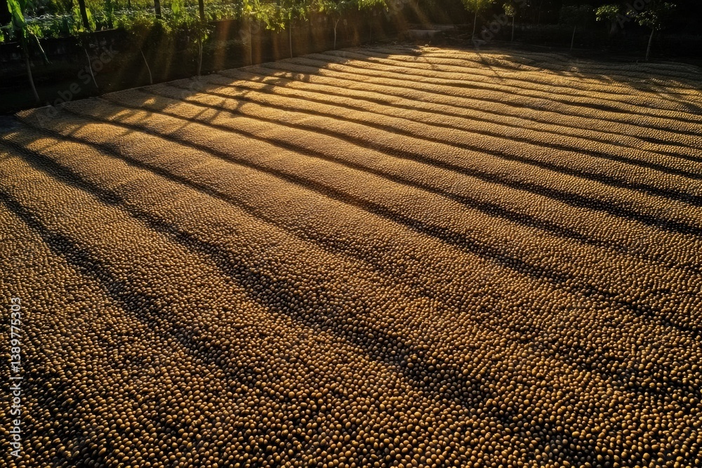 Poster Golden coffee beans dry under soft sunlight on a large patio, showcasing geometric patterns and rows created by the drying process
