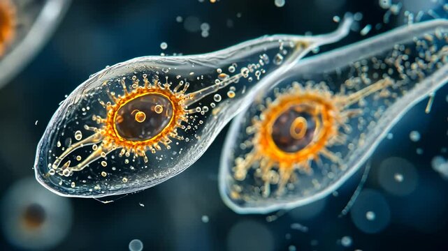 Microscopic view of glowing protozoa organisms floating in fluid motion. 4K video