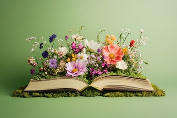 An open book with colorful flowers on green moss growing