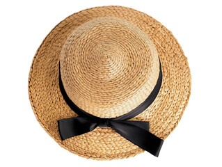 Woven straw summer hat with black ribbon trim, top view showing crown and brim on white background
