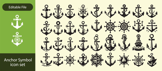 anchor icon set. ship anchor line and flat icon symbol sign collections, vector illustration