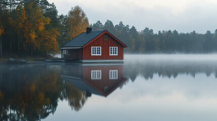 Fototapeta premium Red wooden house by misty lake with autumn trees reflecting in water