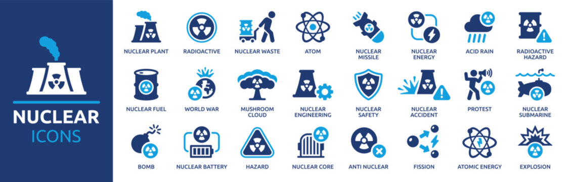 Nuclear icon set. Containing radioactive, nuclear plant, atom, nuclear bomb, hazard, radiation, atomic energy and more. Solid vector icons collection.