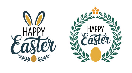 Happy Easter Bunny Design Illustration,Easter Greetings Floral Wreath Artwork,Festive Easter Egg and Leaves,Spring Holiday Happy Easter Artwork.
