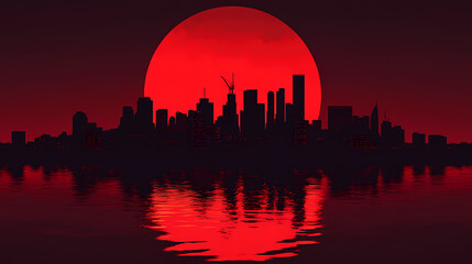 Fototapeta premium Silhouetted city skyline reflected beneath a large red sun. Doomed Horizon. Illustration