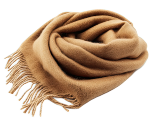 Cashmere winter scarf with fringed ends in camel color, loosely folded showing texture and weight on white background