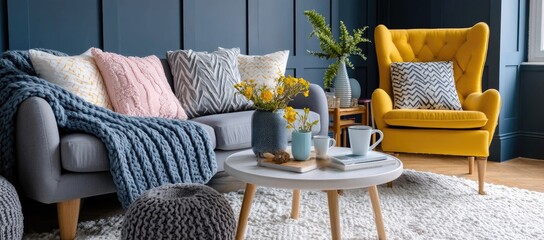 A living room with dark blue walls, a grey sofa, and a mustard armchair. There is also an empty coffee table in the center of the room