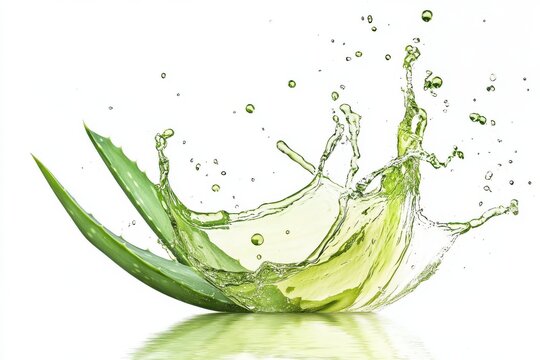 Fresh aloe vera leaves splashing in clear aloe vera juice, ideal for skincare, hydration, and natural wellness themes, isolated on white background