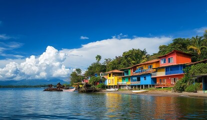 Fototapeta premium Vibrant colorful houses line a tropical beach. Coastal vacation homes in a sunny paradise. Waterfront properties with vibrant exteriors