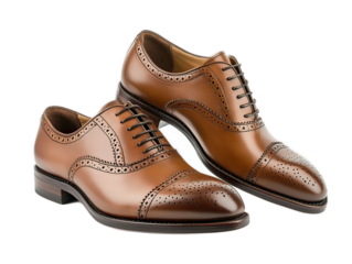 Men's leather dress shoes in oxford style, rich brown color with detailed broguing, positioned at angle on white background
