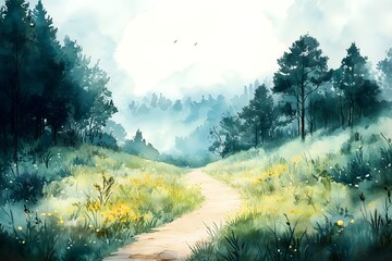 Watercolor landscape featuring lush greenery and a winding path through a serene forest setting at dawn