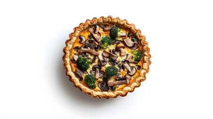 Broccoli mushroom quiche on white background with golden crust