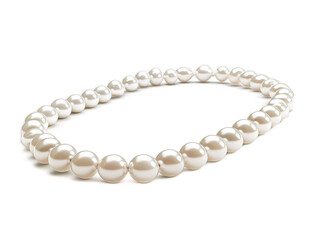 Opera length pearl necklace with graduated pearl sizes, arranged in graceful S-curve on white background