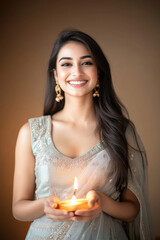 young indian woman wearing sari holding oil lamp