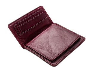 Leather passport holder in burgundy with subtle embossed pattern, slightly open showing interior pockets on white background