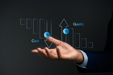 Cost and quality control for business growth, Businessman holding with a virtual interface,...