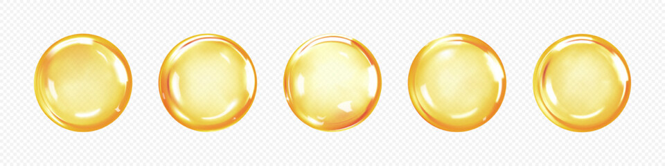 Gold collagen serum bubbles. Cosmetic oil or essence. Concept skincare cosmetics solution. Vector realistic illustration