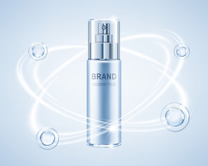 Beauty cosmetic product. Cosmetic bottle with molecules or atoms. Concept skin care cosmetic solution. Realistic vector