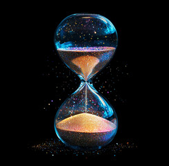 hourglass with glitter sand on black background